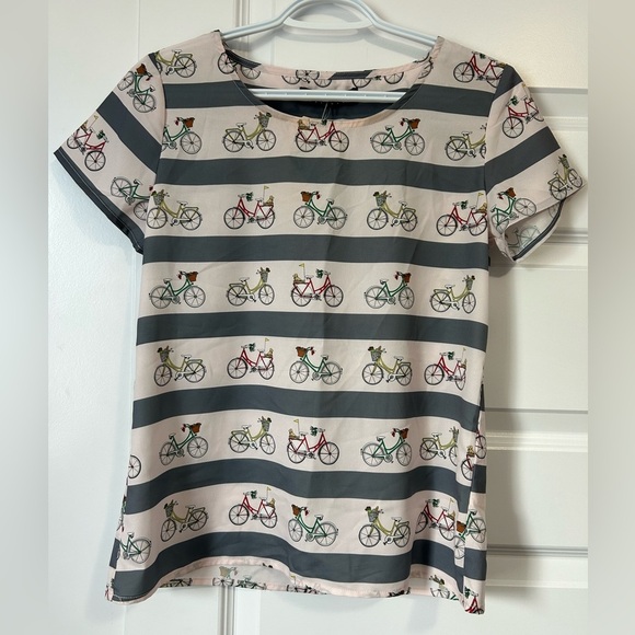 NWT Sugarhill Boutique Bicycle Print Striped Women's Tee - Picture 1 of 6